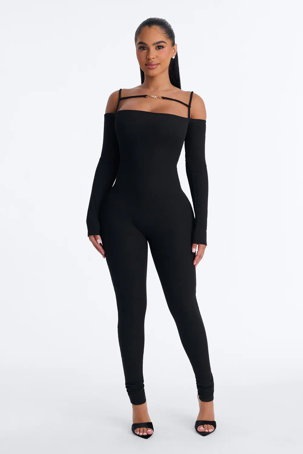 Sleeveless Scoop Neck Ribbed Knit Catsuit in Black with Full Length Fitted Legs