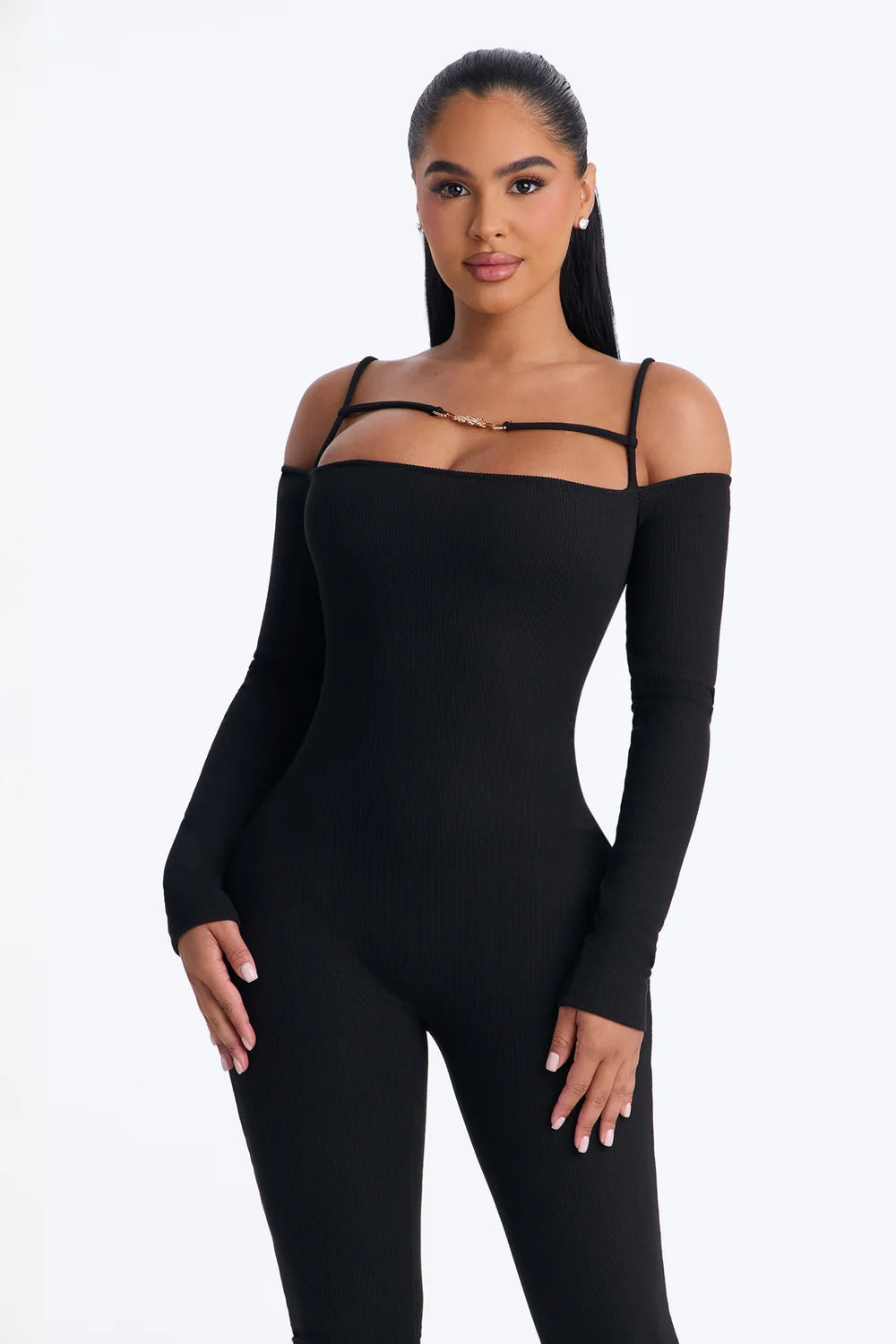 Sleeveless Scoop Neck Ribbed Knit Catsuit in Black with Full Length Fitted Legs