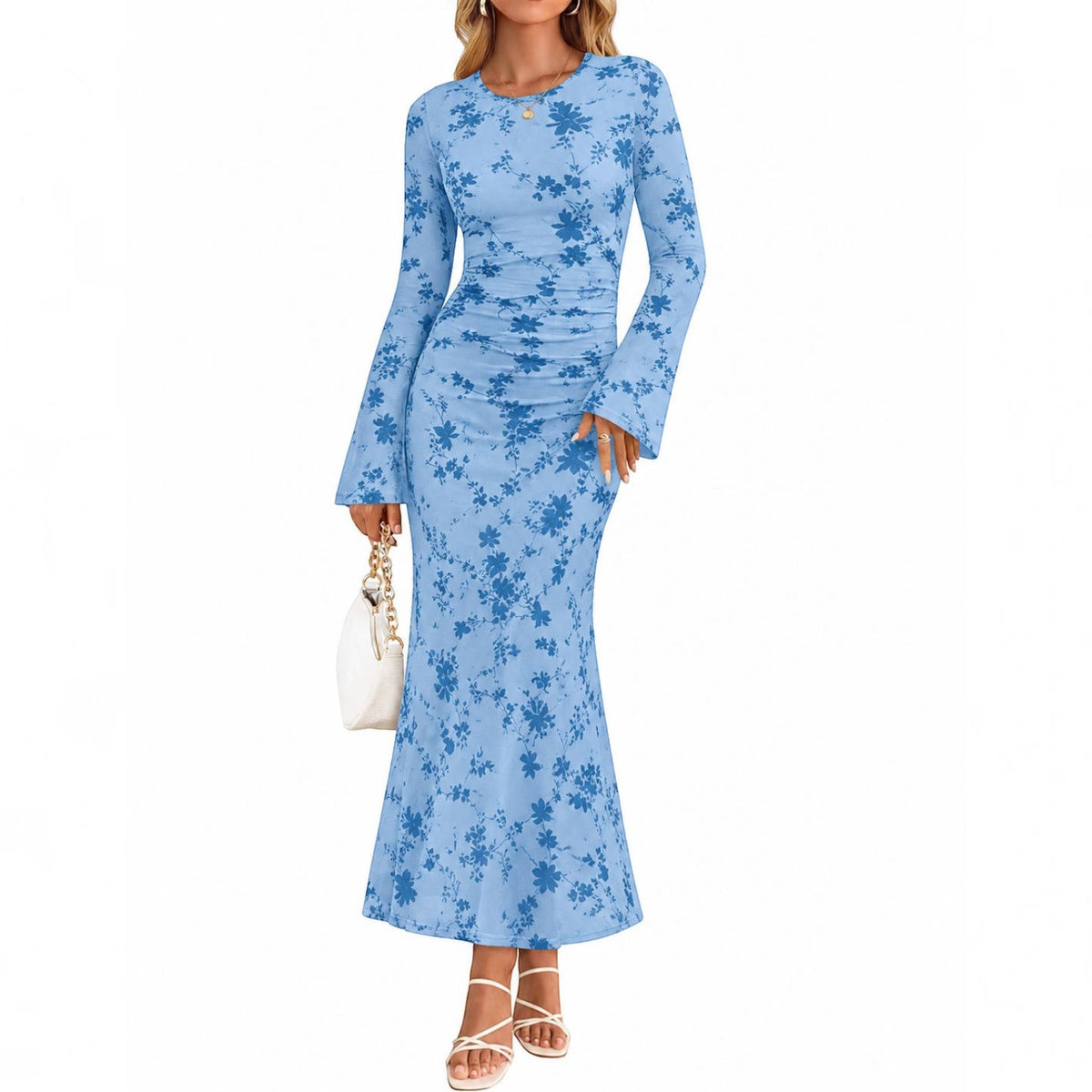 Womens Printed Maxi Dress, Long Sleeve Ruched Mesh Bodycon Dress, Elegant Fall Formal Dress