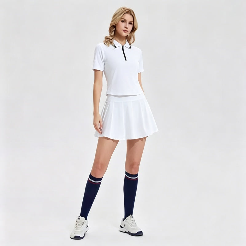 Womens Two-Piece Polo Tennis Outfit with A-Line Skirt and Moisture-Wicking Fabric