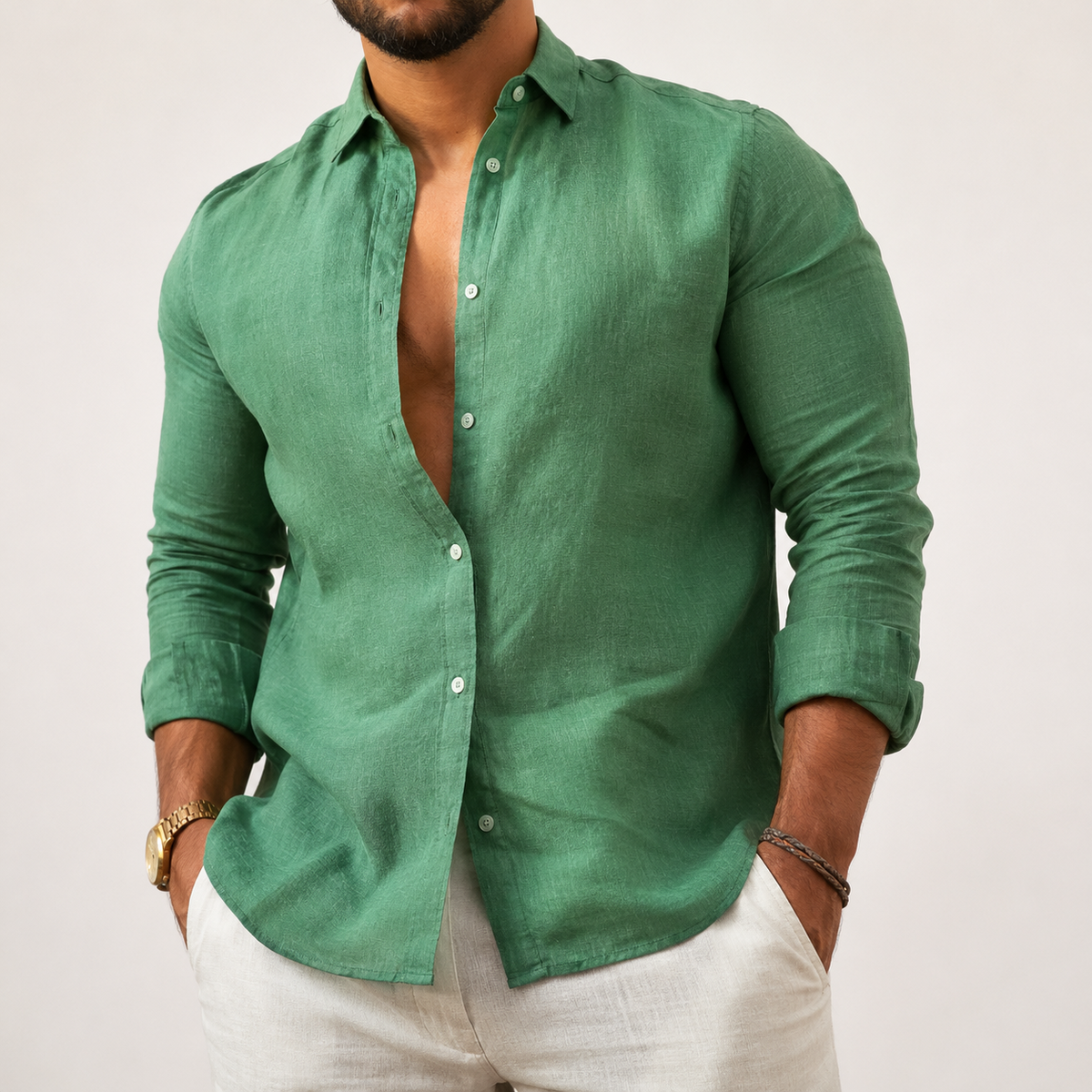 Mens Button-Front Long Sleeve Shirt with Tailored Fit and Breathable Fabric