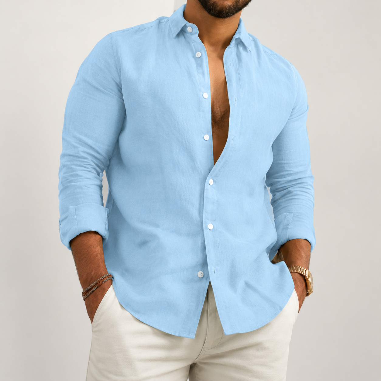 Mens Button-Front Long Sleeve Shirt with Tailored Fit and Breathable Fabric