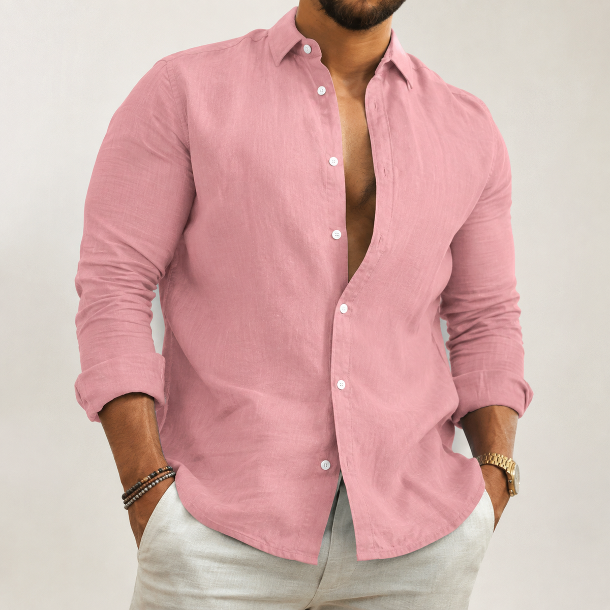 Mens Button-Front Long Sleeve Shirt with Tailored Fit and Breathable Fabric