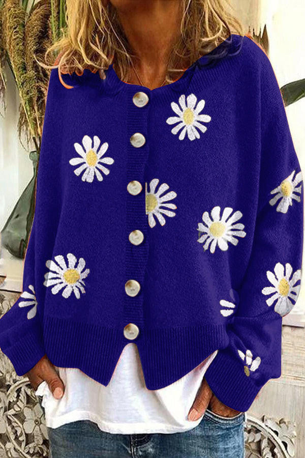 Round Neck Knit Sweater with Floral Embroidery and Light Stretch