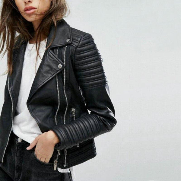 Synthetic Biker Jacket with Zip and Button Closure and Turn Down Collar