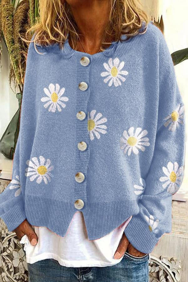 Round Neck Knit Sweater with Floral Embroidery and Light Stretch