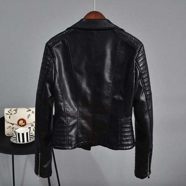 Synthetic Biker Jacket with Zip and Button Closure and Turn Down Collar