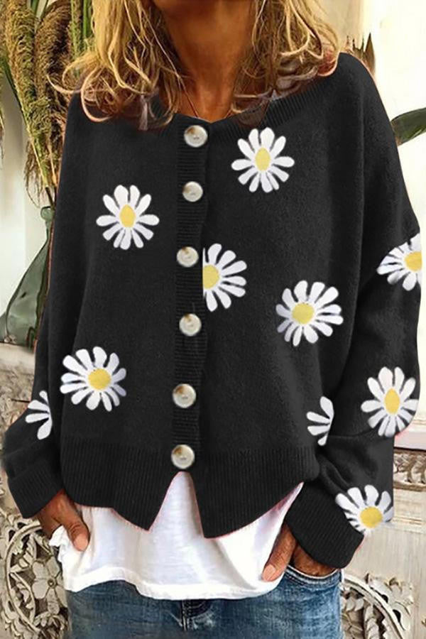 Round Neck Knit Sweater with Floral Embroidery and Light Stretch