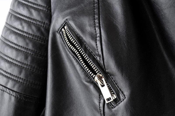 Synthetic Biker Jacket with Zip and Button Closure and Turn Down Collar