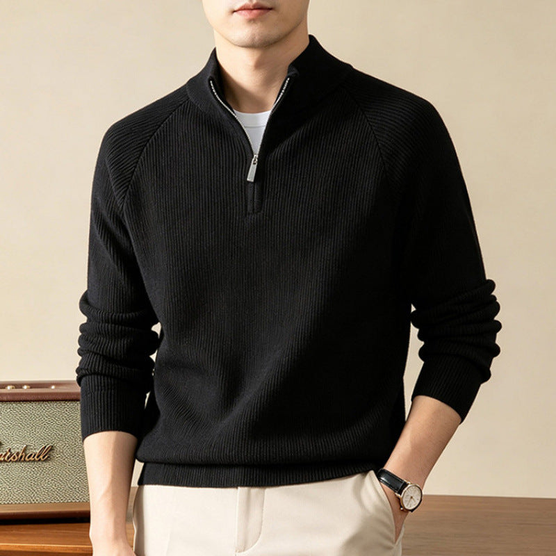 Mens Thick Knit Zip Front Sweater, Solid Color Casual Pullover with Classic Neckline, Medium Stretch Minimalist Knitwear for Autumn and Daily Wear
