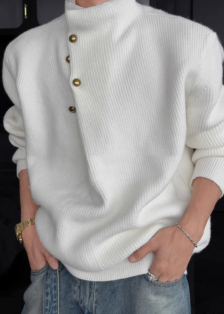 Mens High Neck Sweater with Side Buttons and Ribbed Cuffs, Thick Knit