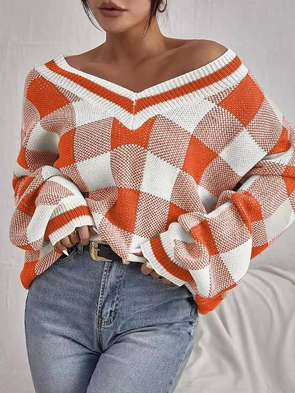 Womens Plaid Print Sweater Top, Deep V Neck Batwing Sleeve Jumper, Casual Long Sleeve Knitwear for Fall and Winter Daily Wear