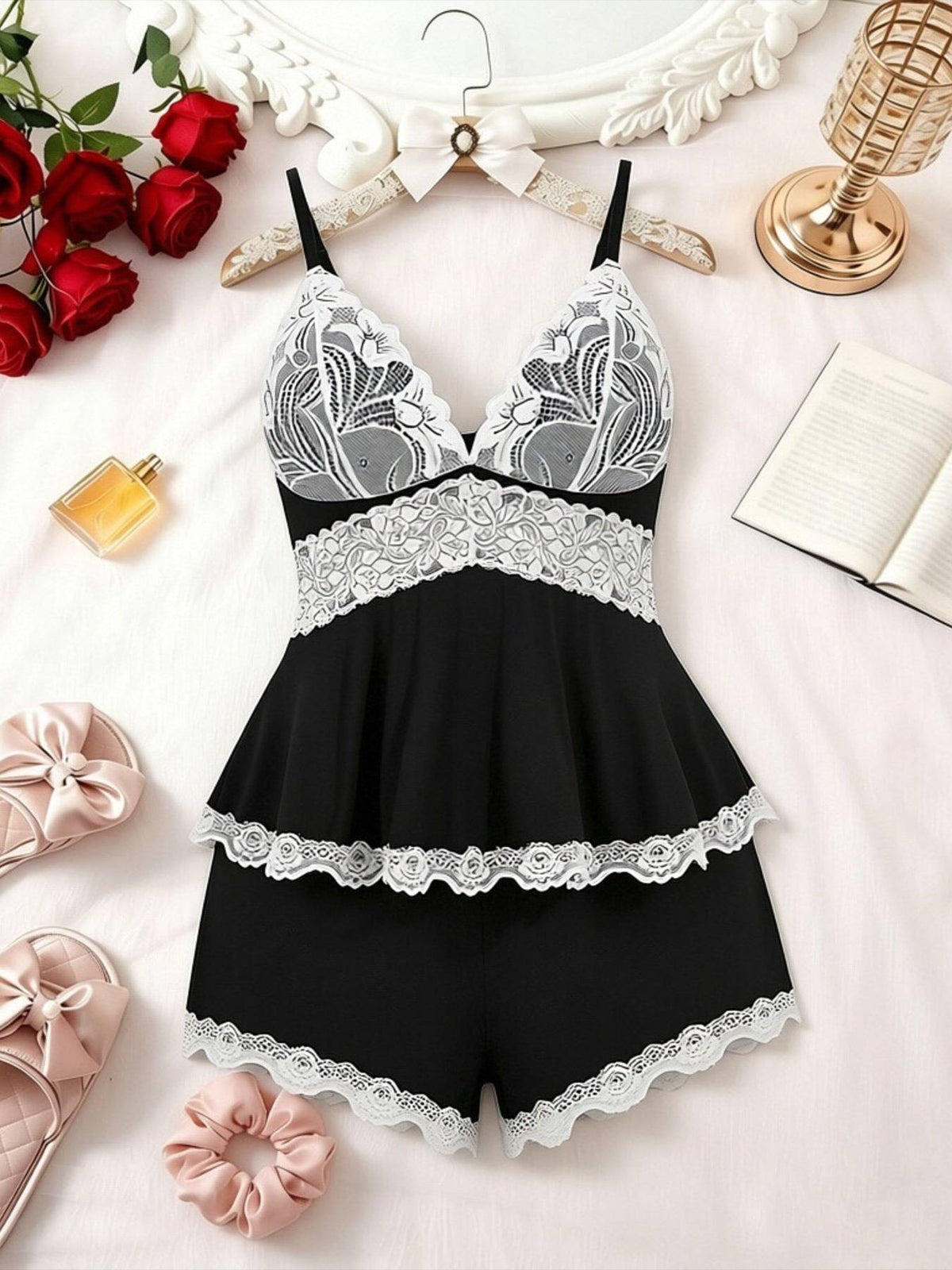 Womens Lace Cami Top and Shorts Pajama Set, Bow Decor Spaghetti Strap Camisole with Adjustable Straps and Elastic Waist Shorts, All Season Sleepwear