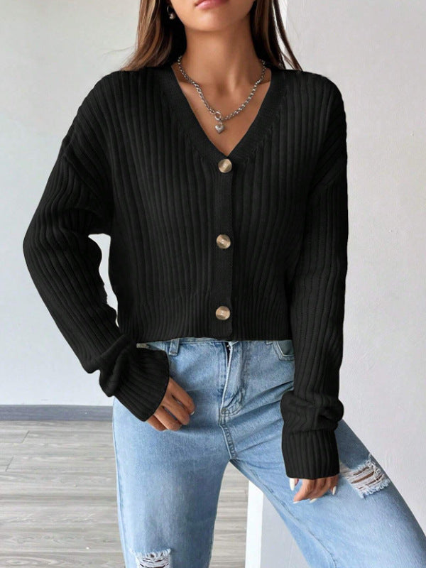 Womens Button Front V Neck Cardigan, Solid Color Drop Shoulder Long Sleeve Knitwear, Casual Fall and Winter Sweater for Everyday Wear