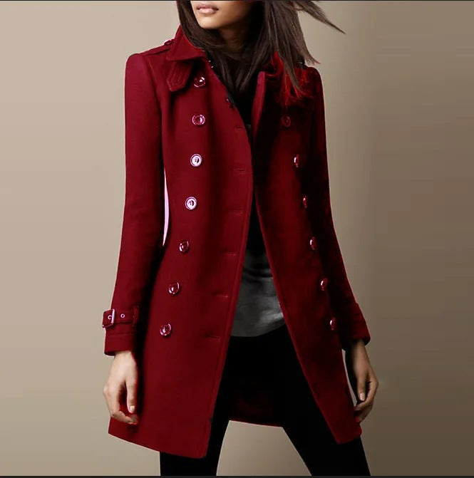 Women’s Long Peacoat with Double Breasted Front and Belted Cuffs