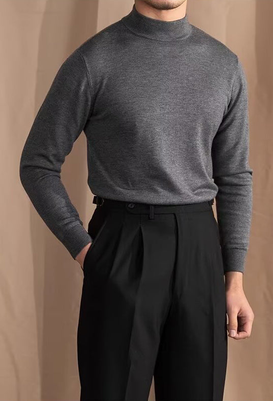 Mock Neck Sweater with Structured Shoulders and Breathable Knit Fabric