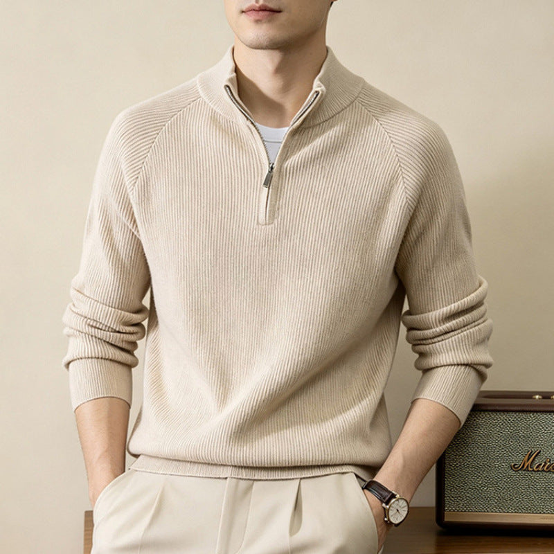 Mens Thick Knit Zip Front Sweater, Solid Color Casual Pullover with Classic Neckline, Medium Stretch Minimalist Knitwear for Autumn and Daily Wear