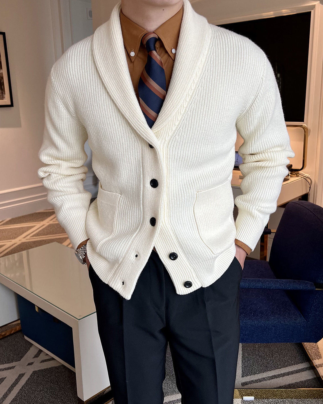 Mens Cardigan with Viscose Blend Knit and Front Buttons, Tailored Fit