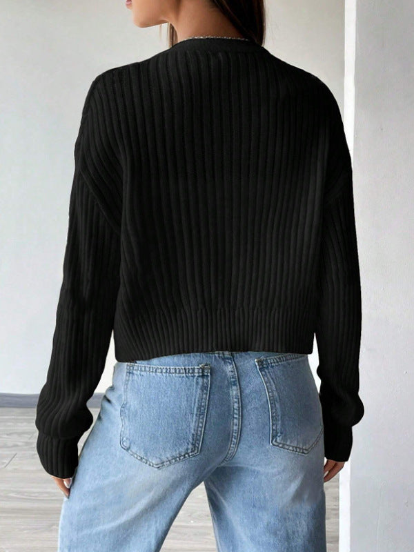 Womens Button Front V Neck Cardigan, Solid Color Drop Shoulder Long Sleeve Knitwear, Casual Fall and Winter Sweater for Everyday Wear
