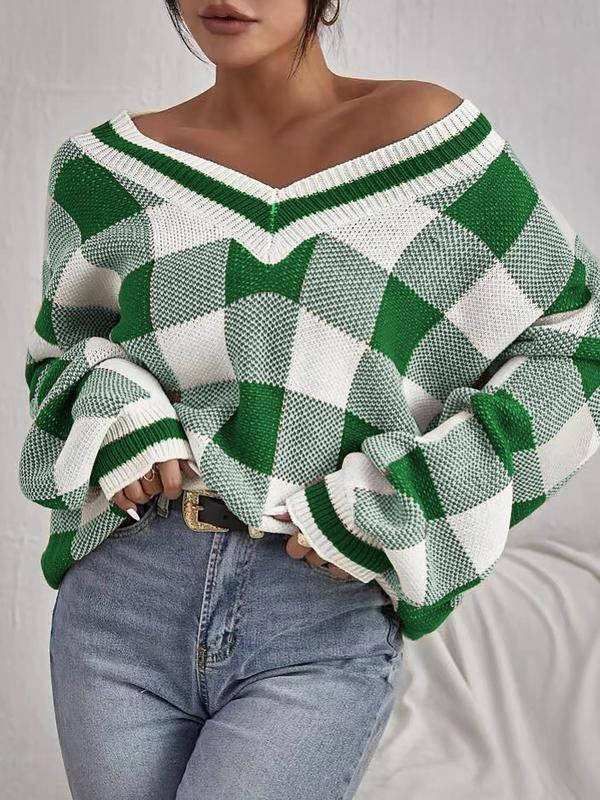Womens Plaid Print Sweater Top, Deep V Neck Batwing Sleeve Jumper, Casual Long Sleeve Knitwear for Fall and Winter Daily Wear