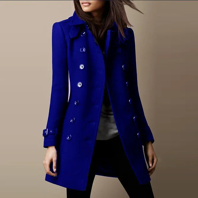 Women’s Long Peacoat with Double Breasted Front and Belted Cuffs