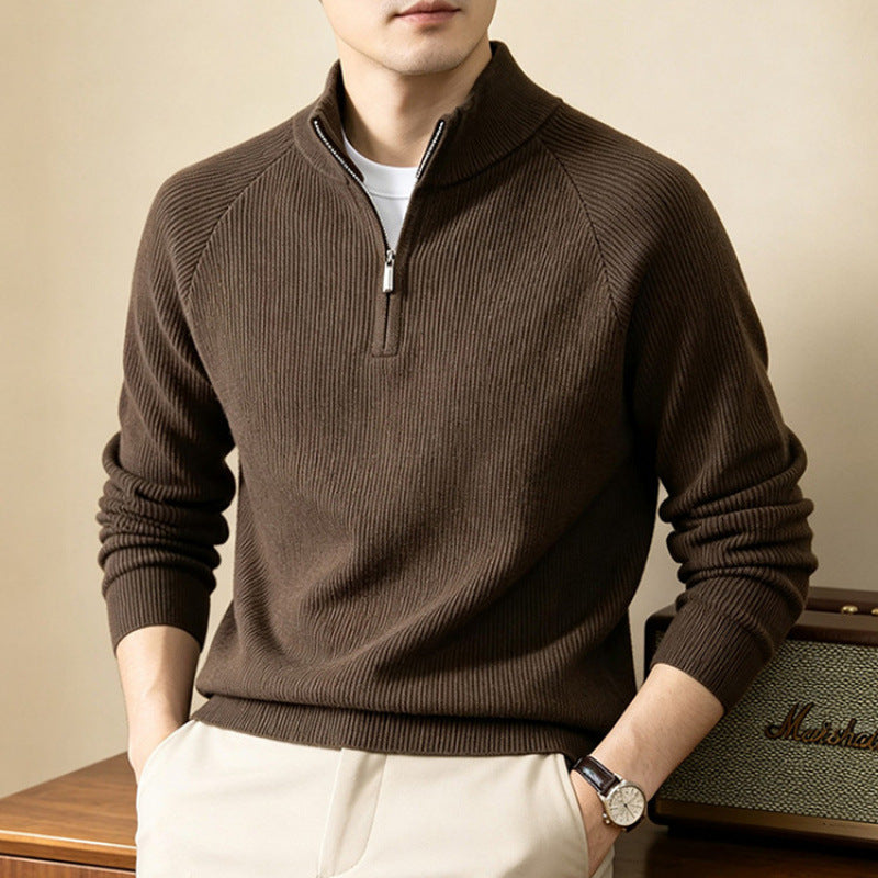 Mens Thick Knit Zip Front Sweater, Solid Color Casual Pullover with Classic Neckline, Medium Stretch Minimalist Knitwear for Autumn and Daily Wear