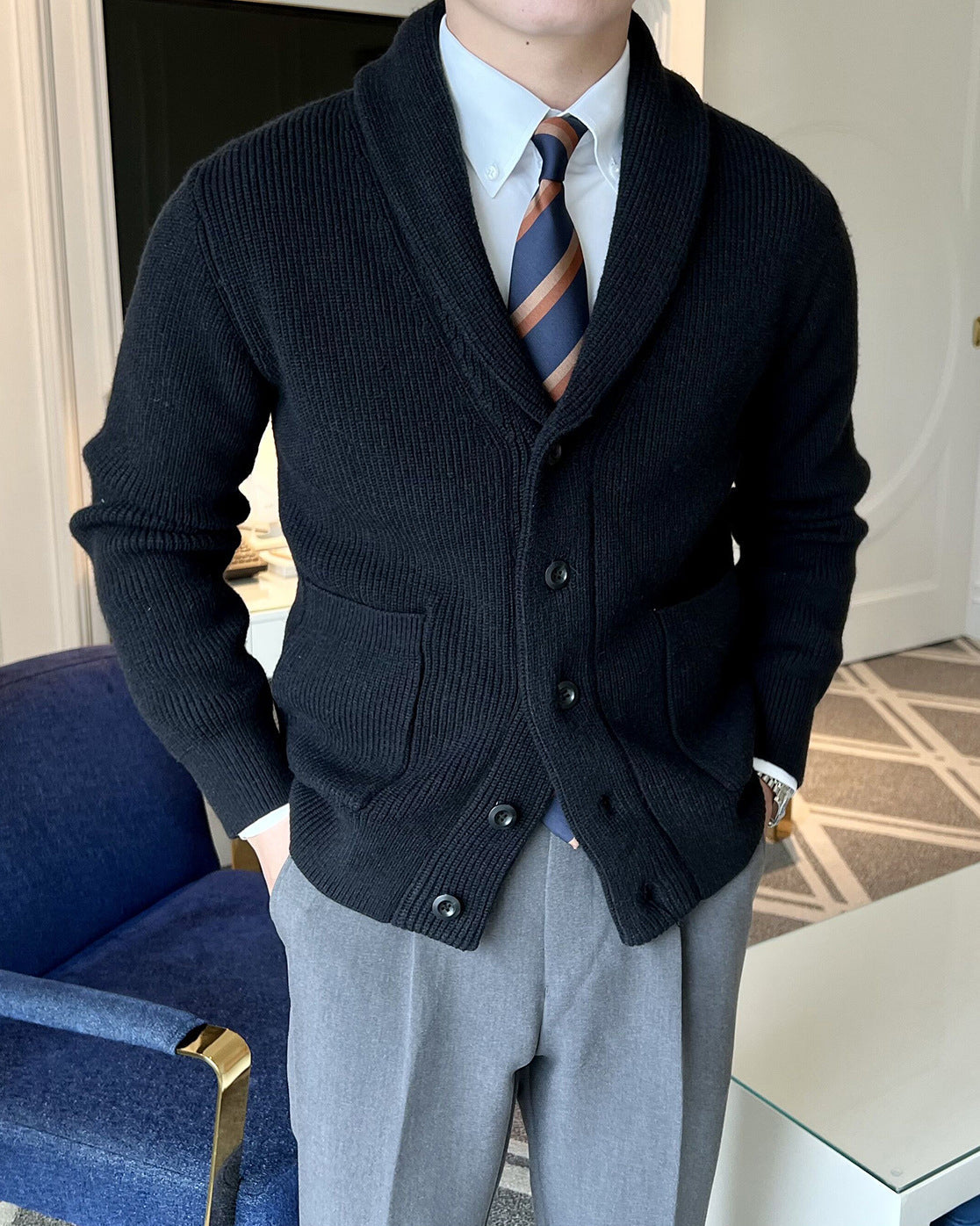 Mens Cardigan with Viscose Blend Knit and Front Buttons, Tailored Fit