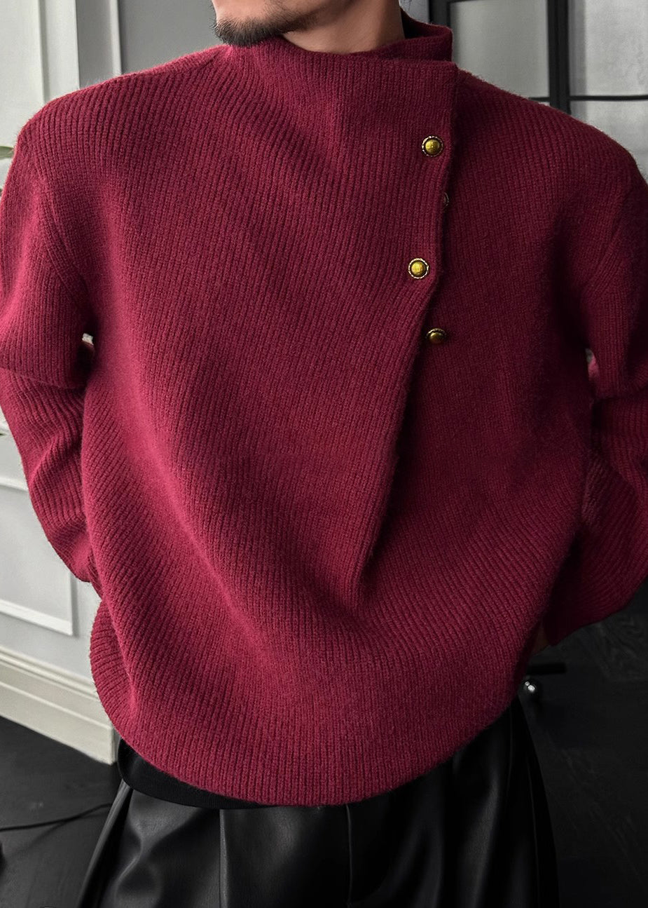 Mens High Neck Sweater with Side Buttons and Ribbed Cuffs, Thick Knit