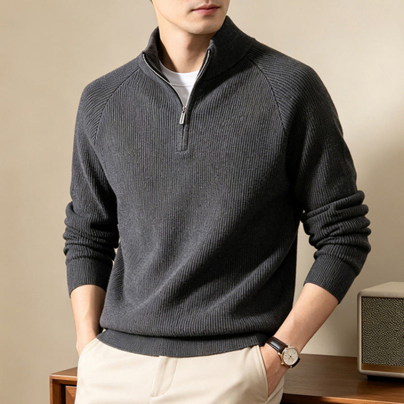 Mens Thick Knit Zip Front Sweater, Solid Color Casual Pullover with Classic Neckline, Medium Stretch Minimalist Knitwear for Autumn and Daily Wear