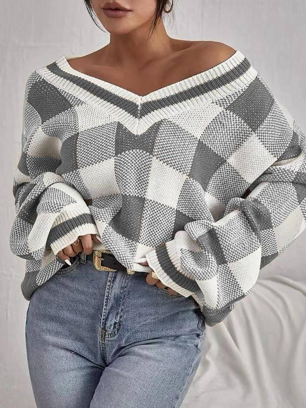 Womens Plaid Print Sweater Top, Deep V Neck Batwing Sleeve Jumper, Casual Long Sleeve Knitwear for Fall and Winter Daily Wear