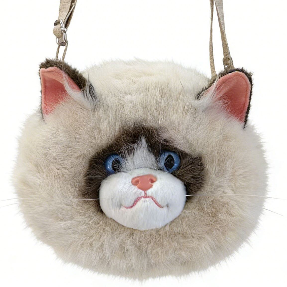 Crossbody Bag with Plush Cat Face and Adjustable Strap, Blue Eyes