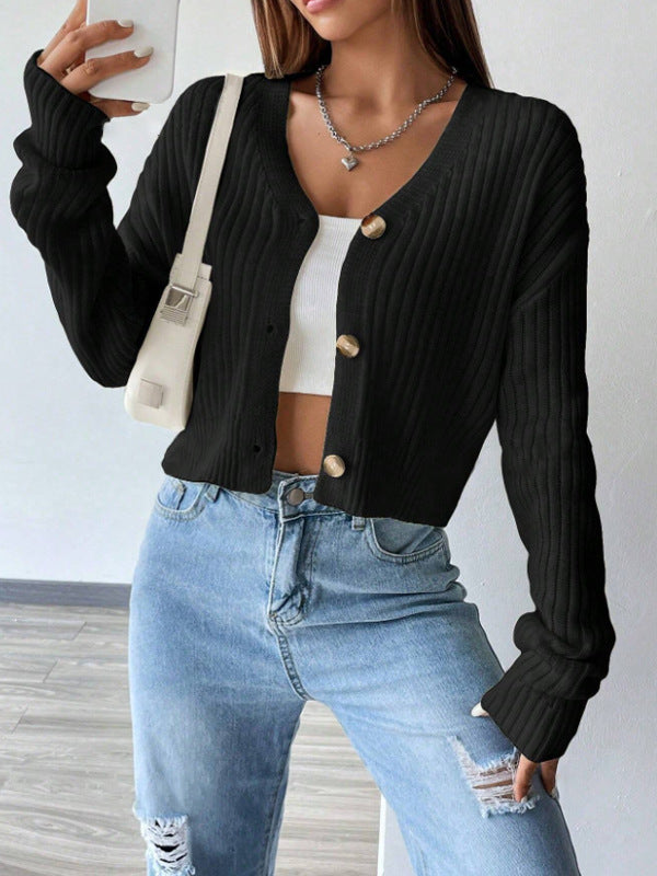 Womens Button Front V Neck Cardigan, Solid Color Drop Shoulder Long Sleeve Knitwear, Casual Fall and Winter Sweater for Everyday Wear
