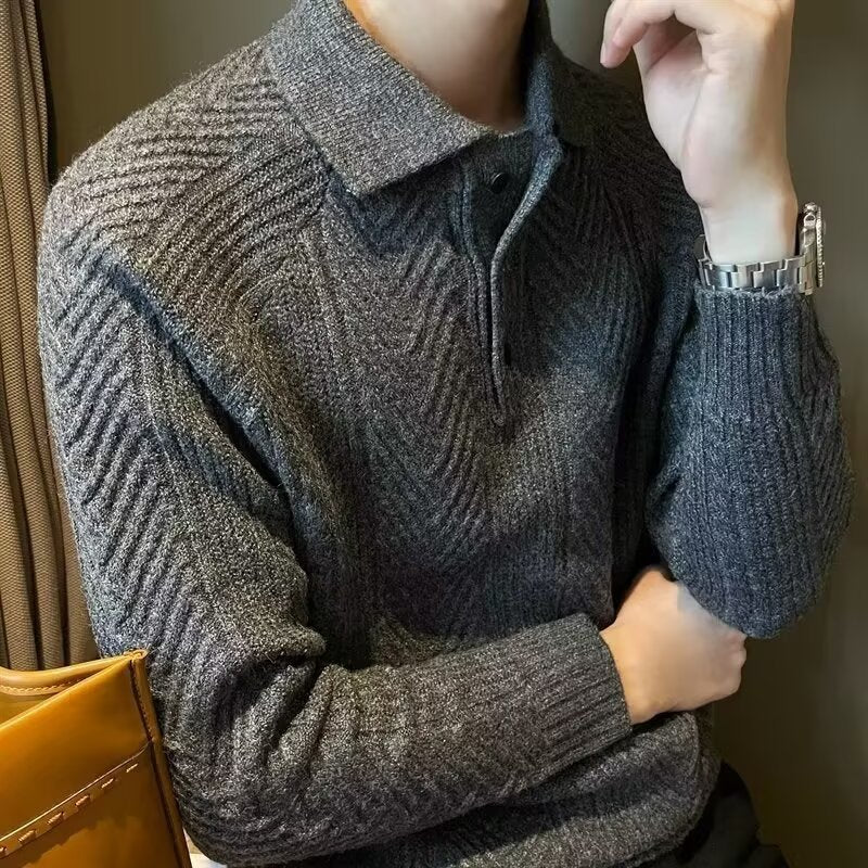 Mens Button Down Sweater with Jacquard Weave and Adjustable Closure, Regular Fit