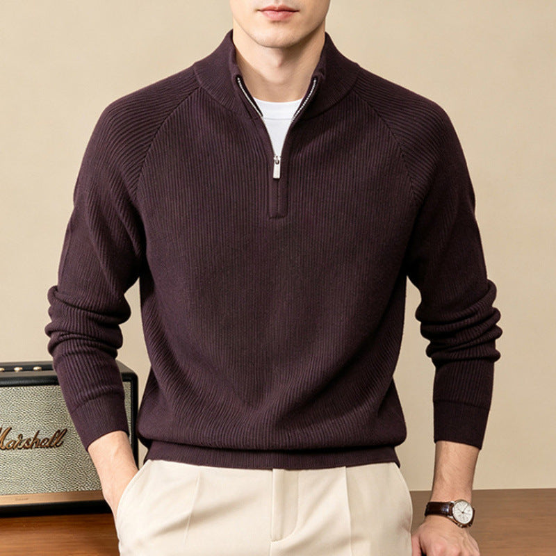 Mens Thick Knit Zip Front Sweater, Solid Color Casual Pullover with Classic Neckline, Medium Stretch Minimalist Knitwear for Autumn and Daily Wear