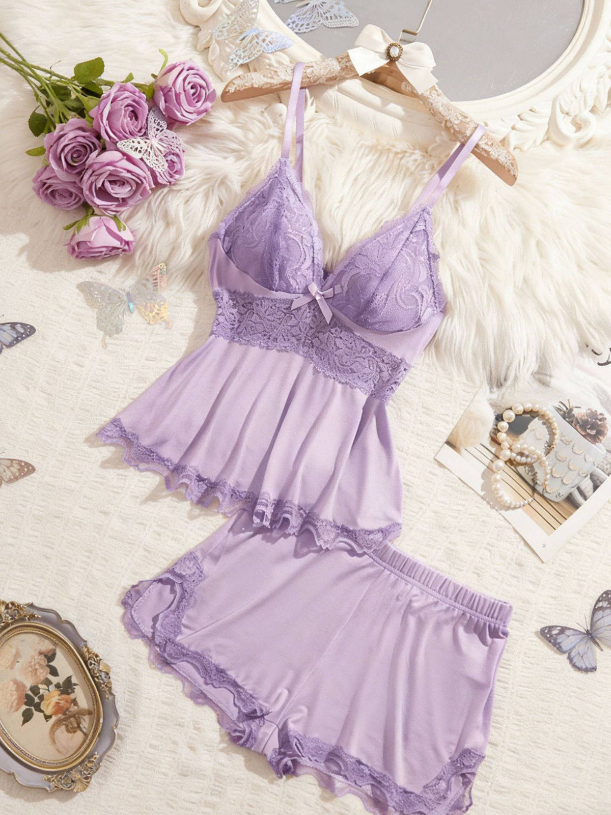 Womens Lace Cami Top and Shorts Pajama Set, Bow Decor Spaghetti Strap Camisole with Adjustable Straps and Elastic Waist Shorts, All Season Sleepwear
