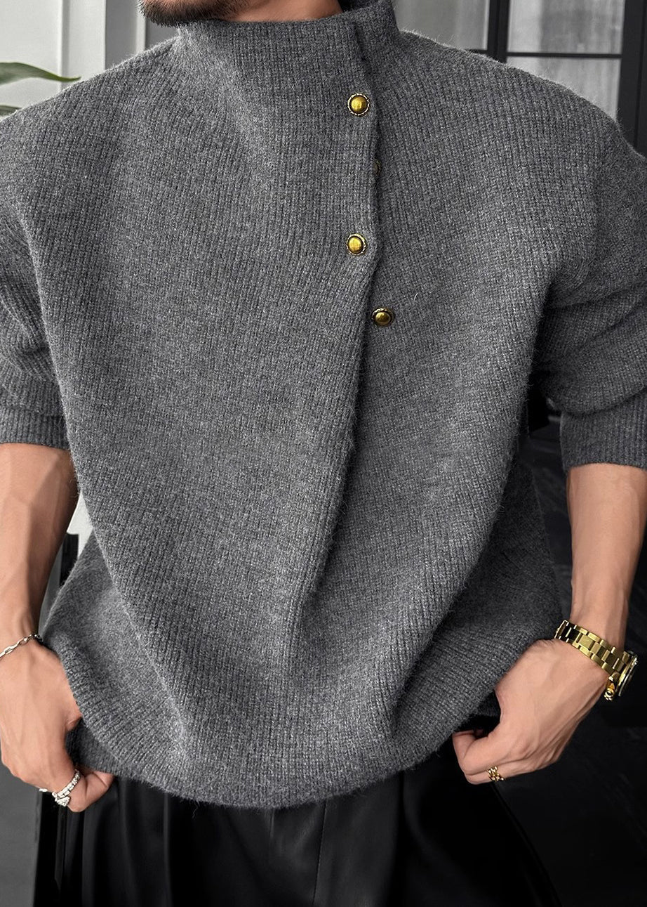 Mens High Neck Sweater with Side Buttons and Ribbed Cuffs, Thick Knit