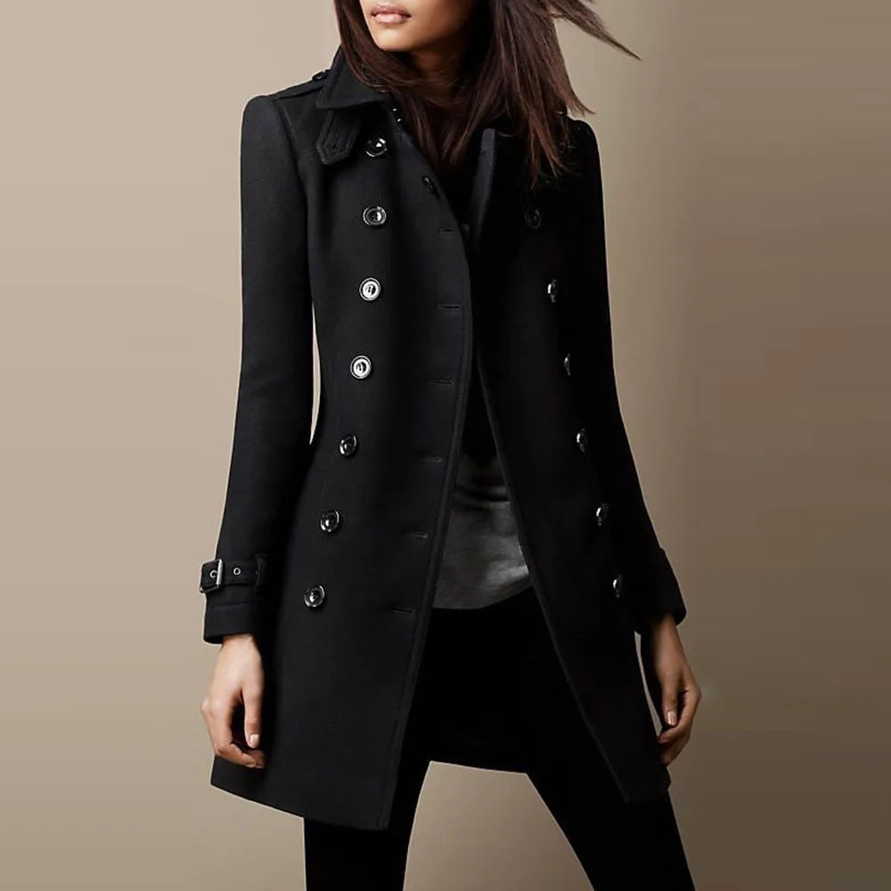 Women’s Long Peacoat with Double Breasted Front and Belted Cuffs