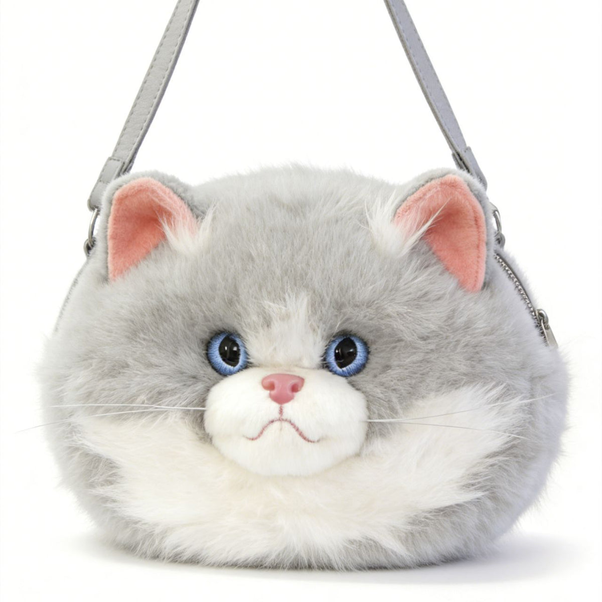 Crossbody Bag with Plush Cat Face and Adjustable Strap, Blue Eyes