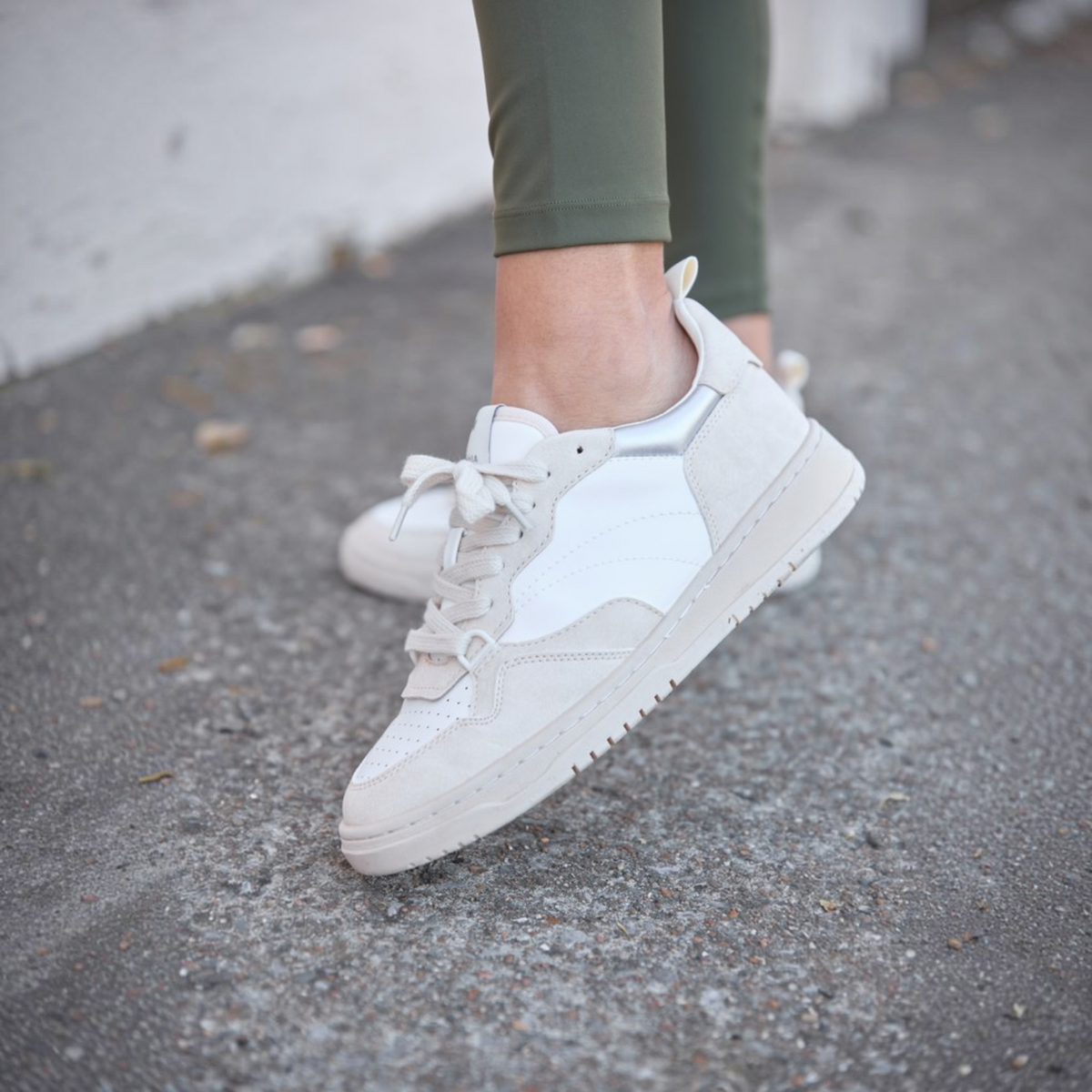 Womens Beige Sneakers, Lace-Up Faux Leather