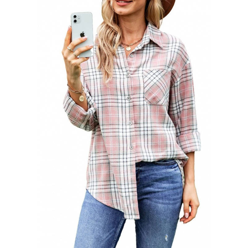 Women's Flannel Plaid Shirt, Soft Button Down Shirt, Roll Up Long Sleeve Flannel Plaid Blouse for Women