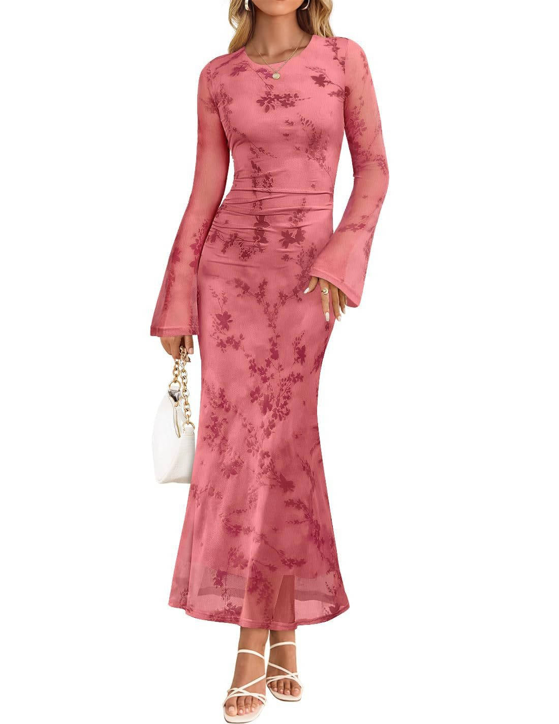 Womens Floral Maxi Dress, Long Sleeve Ruched Mesh Bodycon Dress, Elegant Fall Formal Dress