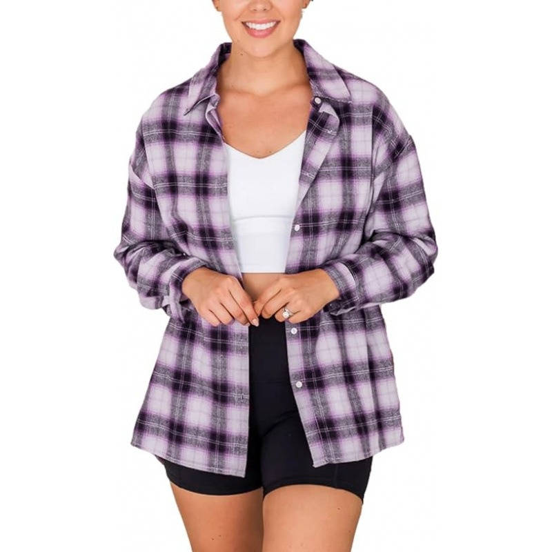 Women's Flannel Plaid Shirt, Soft Button Down Shirt, Roll Up Long Sleeve Flannel Plaid Blouse for Women