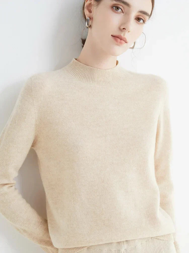 Women Knitted Mock Turtleneck Sweater with Ribbed Hem and Cuffs