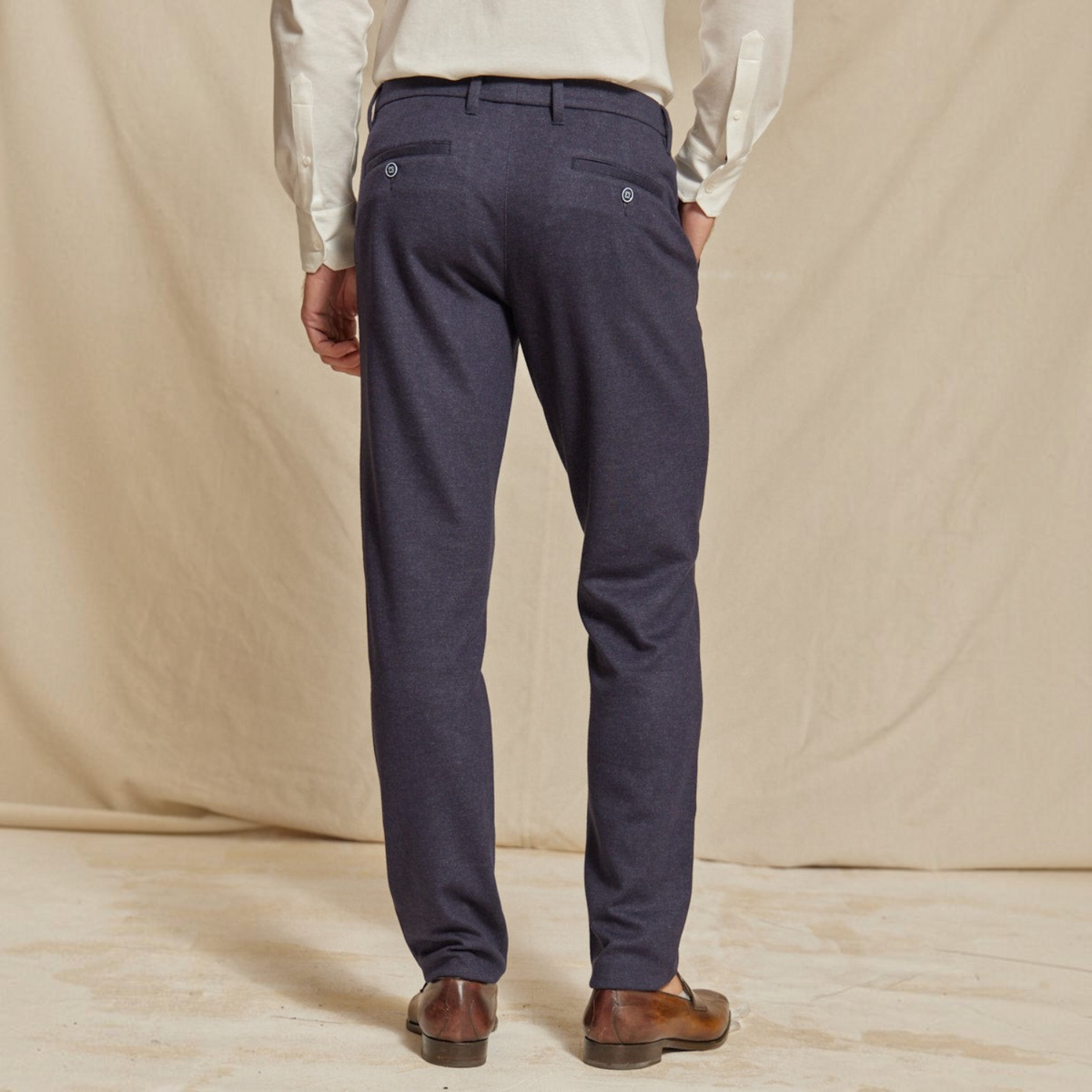 Mens Brushed Stretch Navy Blue Chino Pants, Slim Fit