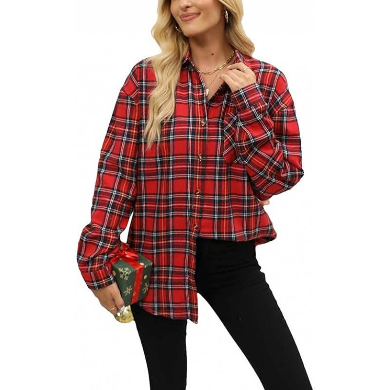 Women's Flannel Plaid Shirt, Soft Button Down Shirt, Roll Up Long Sleeve Flannel Plaid Blouse for Women