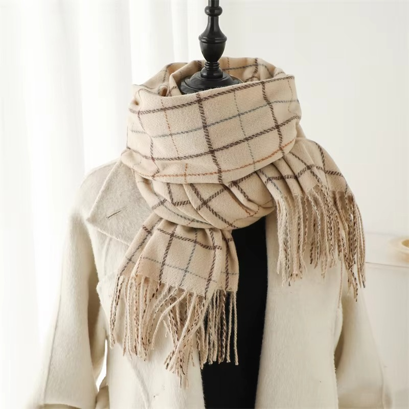 Plaid Winter Scarf with Tassel Fringe and Thick Woven Blend, 78in x 27in