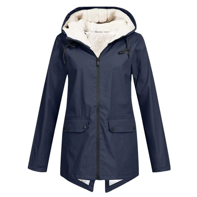 Womens Hooded Rain Jacket with Drawstring Hood and Optional Sherpa Lining