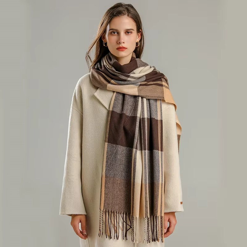 Plaid Winter Scarf with Tassel Fringe and Thick Woven Blend, 78in x 27in