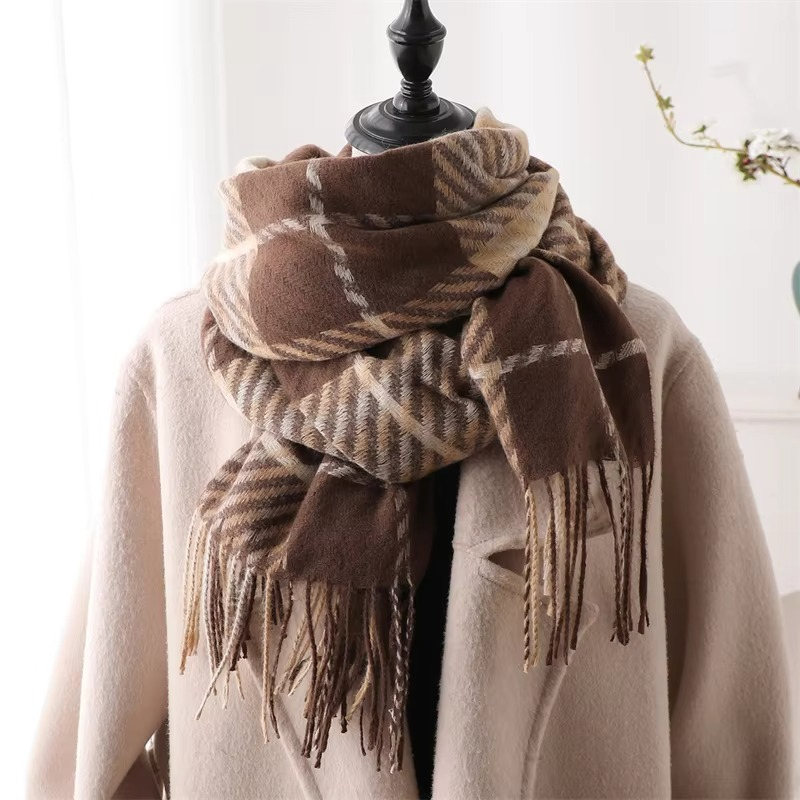 Plaid Winter Scarf with Tassel Fringe and Thick Woven Blend, 78in x 27in