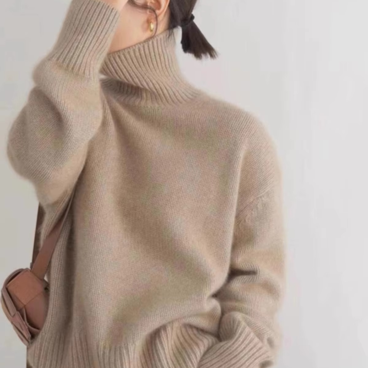 High Neck Knit Pullover Sweater with Thick Insulation and Relaxed Fit
